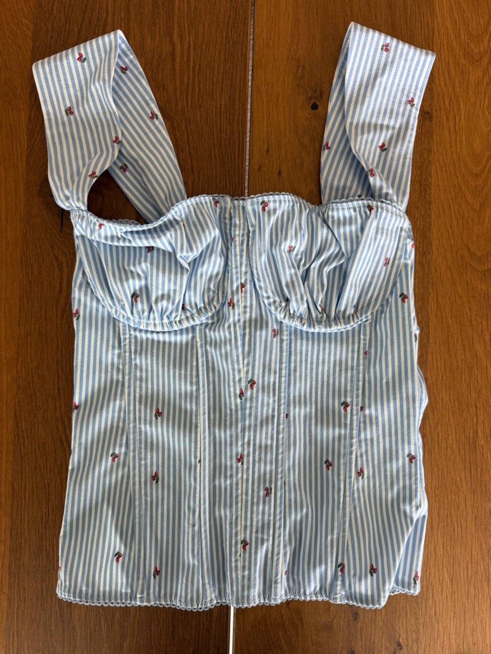 NWT WeWoreWhat Sky Blue & White Striped Bustier with Red Cherry Motif